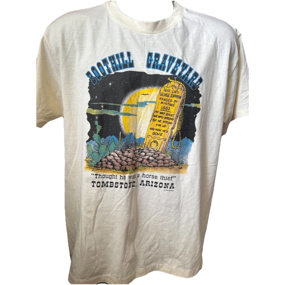 vintage 90s BOOTHILL GRAVEYARD TOMBSTONE ARIZONA T-Shirt Joke Cowboy Horse